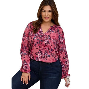 Torrid Georgette Blouse Women Sz 1X Pink Peasant Puff Sleeve Floral Office EUC